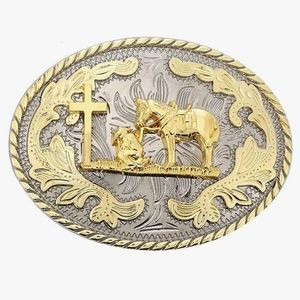Beautiful Cowboy man of faith and horse kneeling at praying at cross Belt buckle